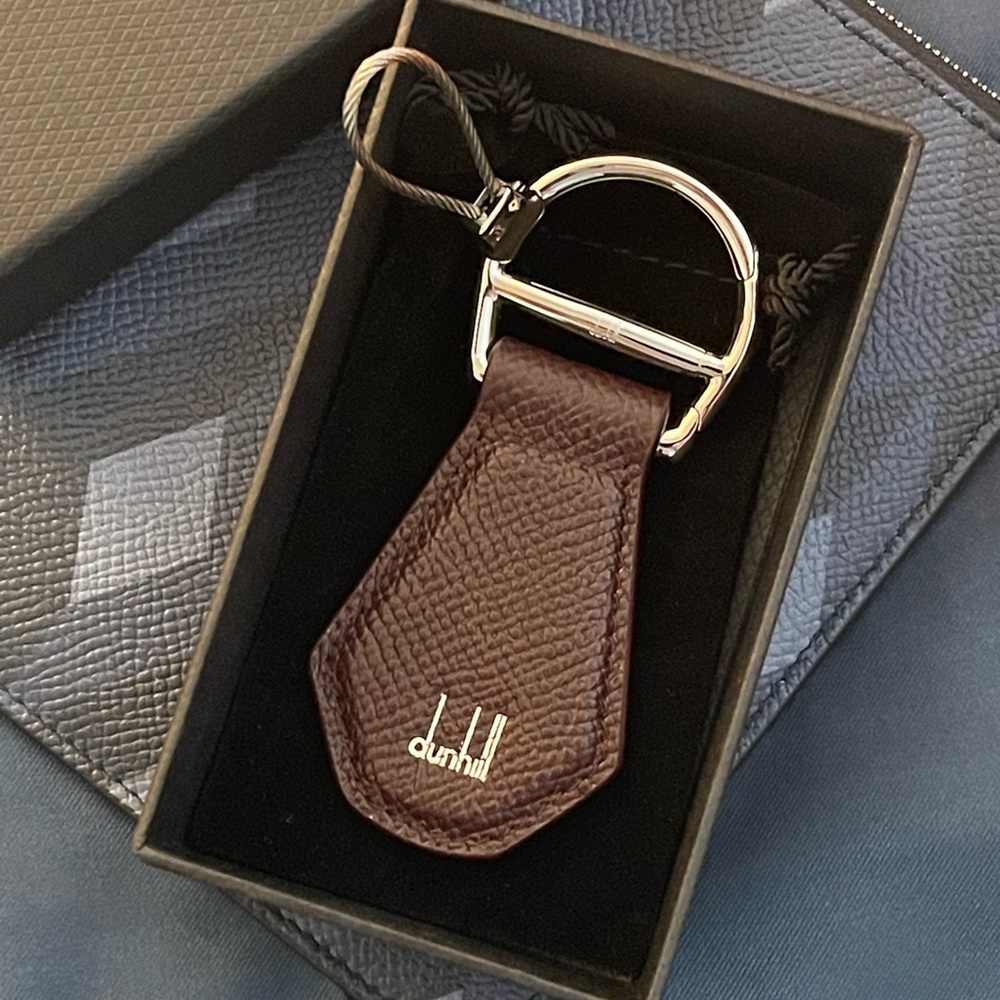 NWT Dunhill Brown Leather Logo  Keychain Key Fob Silver Framed Closure W/ Box